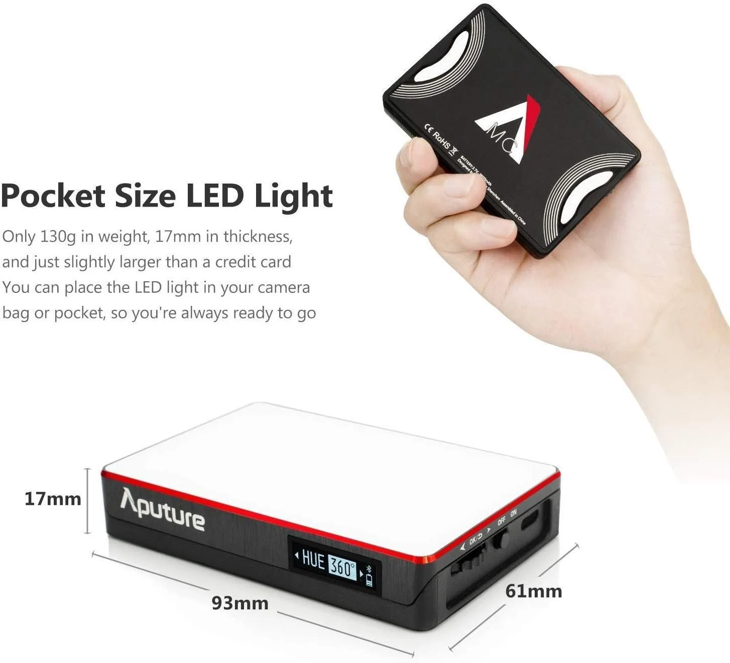 نور ویدئویی کوچک RGBWW مدل Homkeen Aputure Amaran MC، قابل نصب روی دوربین، با کنترل رنگ HSI/CCT/FX، دمای رنگ 3200K-6500K، CRI/TLCI 96+، دارای آهنربا، پشتیبانی از شارژ USB Type-C/Qi و کنترل از طریق اپلیکیشن