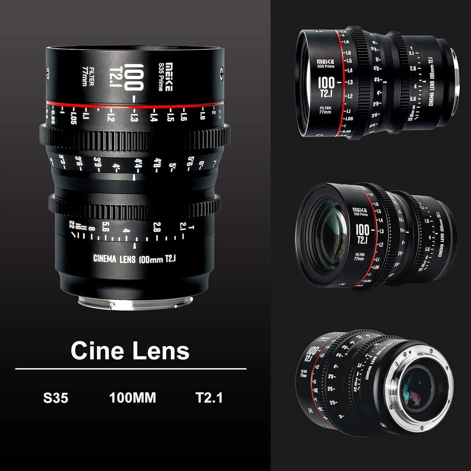 لنز سینمایی پرایم واید انگل 100 میلی‌متری Meike T2.1 S35 با فوکوس دستی برای مانت Canon EF و دوربین فیلمبرداری سینمایی EOS C100 Mark II, EOS C200, EOS 300 Mark II, EOS C300 Mark III, Zcam E2-S6 6K