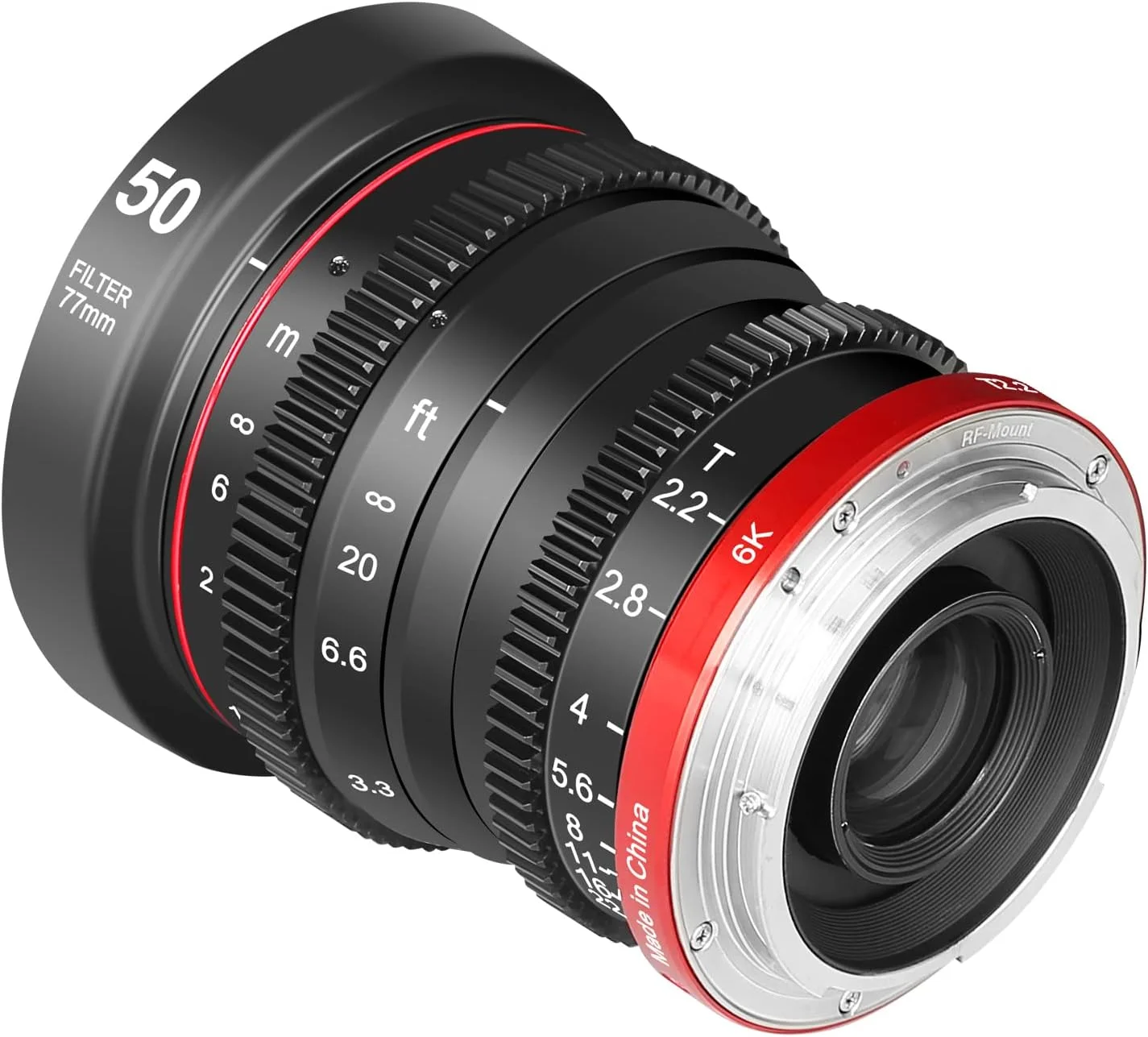 لنز سینمایی پرایم کوچک 50mm T2.2 Meike با دیافراگم بزرگ، فوکوس دستی، اعوجاج کم، فرمت APS-C S35 6K سازگار با دوربین های Canon با مانت RF مدل R7 R10