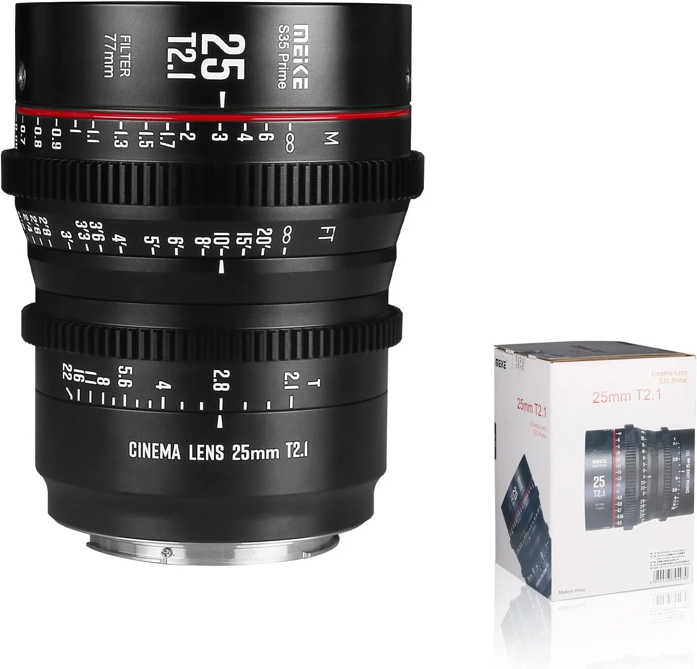 لنز سینمایی پرایم واید انگل 25 میلی‌متری Meike T2.1 S35 با فوکوس دستی برای مانت Canon EF و دوربین فیلمبرداری سینمایی EOS C100 Mark II, C200, 300 Mark II, C300 Mark III, Zcam E2-S6 6K (تک عددی)