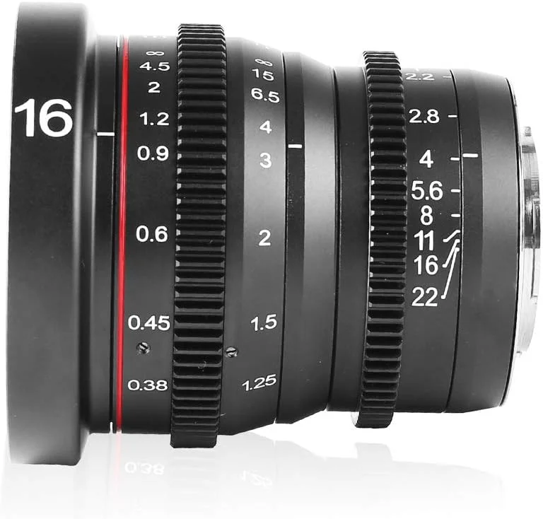 لنز سینمایی پرایم ثابت واید انگل 16 میلی‌متری Meike T2.2 با فوکوس دستی برای دوربین‌های M43 Micro Four Thirds MFT و دوربین سینمایی BMPCC
