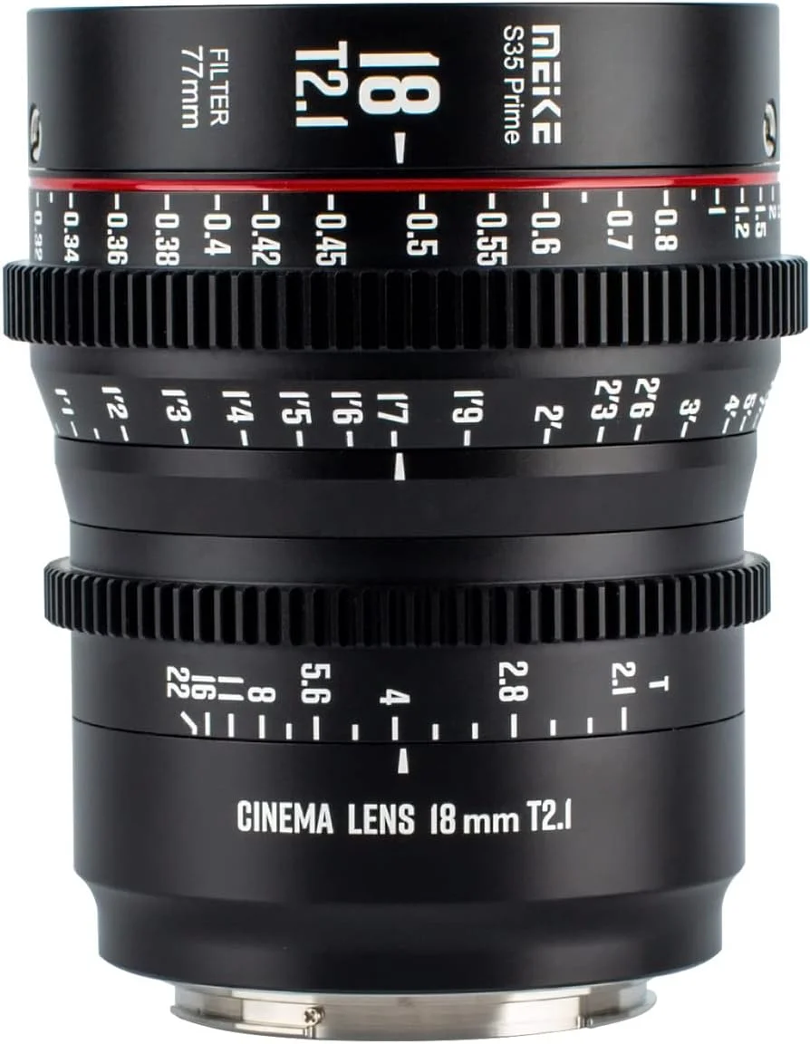 لنز سینمایی پرایم واید انگل 18 میلی‌متری T2.1 S35 با فوکوس دستی Meike برای مانت Canon EF و دوربین فیلمبرداری سینمایی EOS C100 Mark II, EOS C200, EOS 300 Mark II, EOS C300 Mark III, Zcam E2-S6 6K