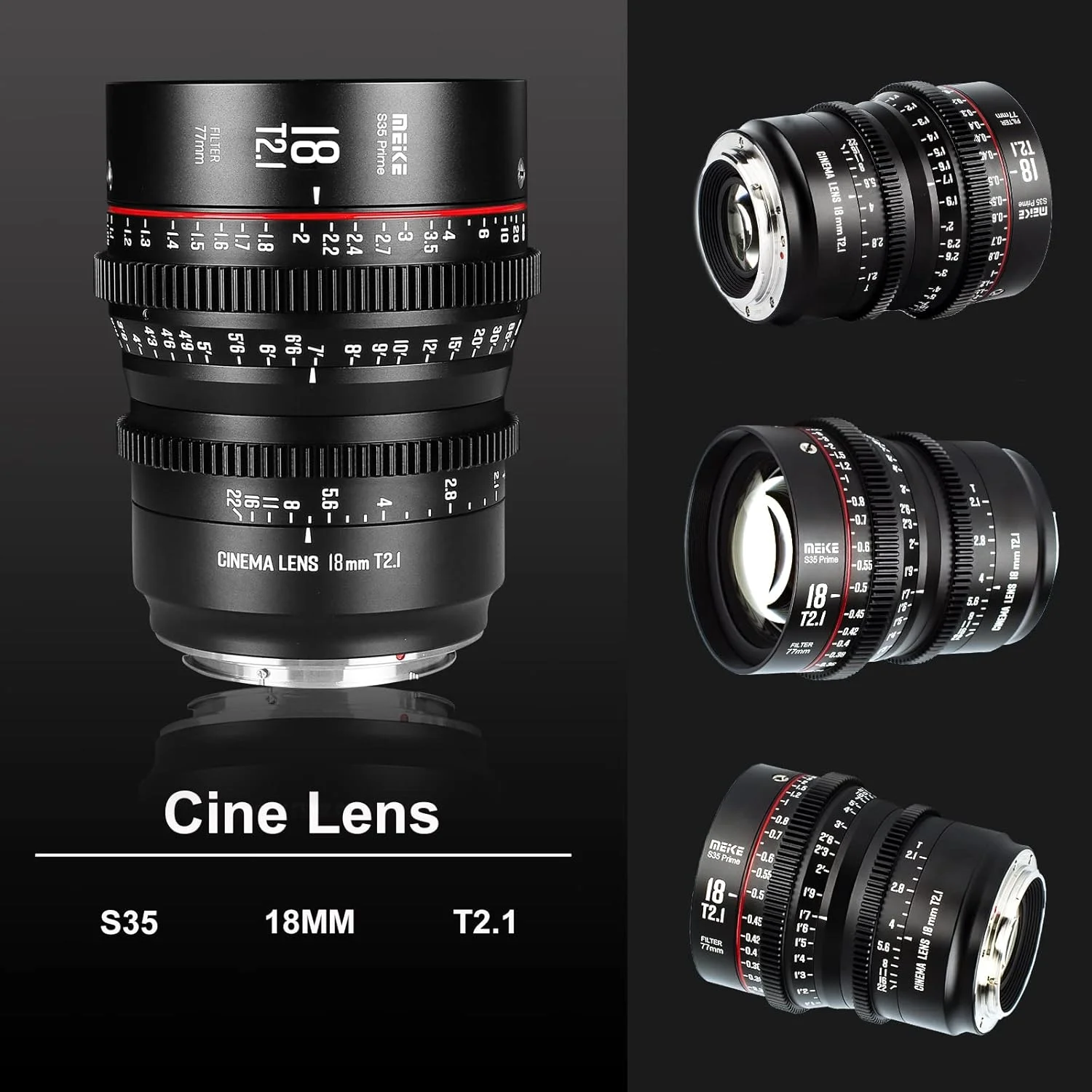 لنز سینمایی پرایم واید انگل 18 میلی‌متری T2.1 S35 با فوکوس دستی Meike برای مانت Canon EF و دوربین فیلمبرداری سینمایی EOS C100 Mark II, EOS C200, EOS 300 Mark II, EOS C300 Mark III, Zcam E2-S6 6K