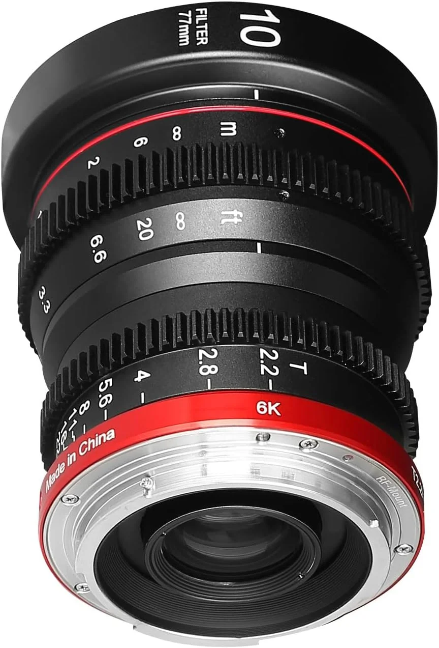 لنز سینمایی پرایم مینی Meike 10mm T2.2 با دیافراگم بزرگ، فوکوس دستی، اعوجاج کم، فرمت APS-C S35 6K سازگار با دوربین های Canon RF Mount مدل C70 و Red Komodo