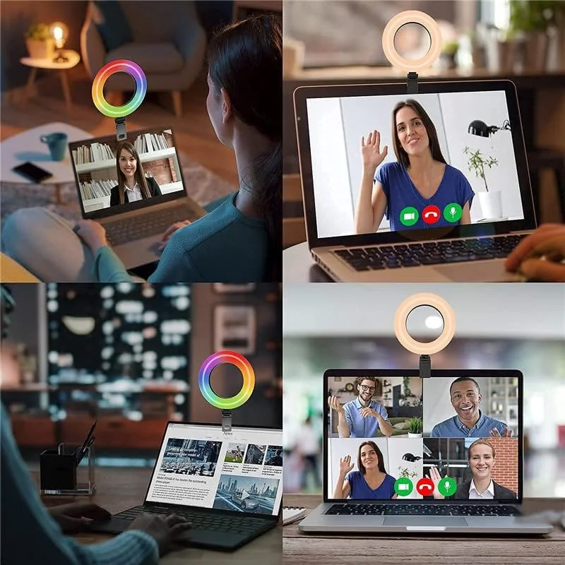 AECAM - نور حلقه ای RGB با گیره برای لپ تاپ، کامپیوتر، وب کم، لامپ عکاسی دیمر دار برای پخش زنده (گیره x نور RGB)