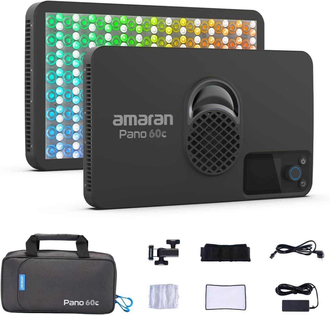 کیت نور پنلی تمام رنگی amaran Pano 60c با توان 60 وات RGBWW با شدت روشنایی 22,220 لوکس در 0.5 متر، تغذیه از طریق USB-C PD، شامل سافت باکس، گرید، دیفیوزر و کیف حمل برای عکاسی و فیلمبرداری - ذغالی