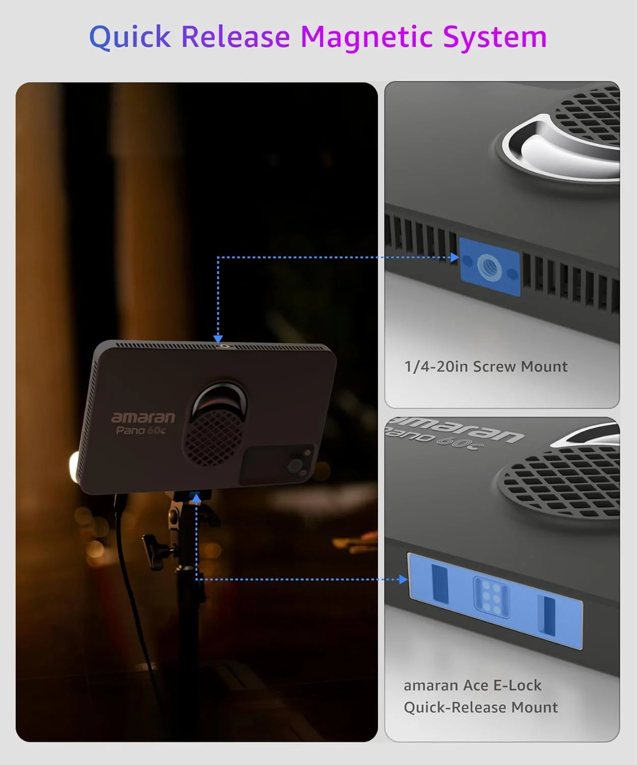 کیت نور پنلی تمام رنگی amaran Pano 60c با توان 60 وات RGBWW با شدت روشنایی 22,220 لوکس در 0.5 متر، تغذیه از طریق USB-C PD، شامل سافت باکس، گرید، دیفیوزر و کیف حمل برای عکاسی و فیلمبرداری - ذغالی