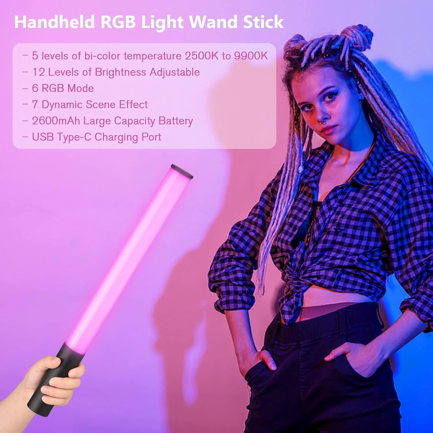 چراغ عصایی RGB قابل حمل Eacam برای عکاسی و فیلمبرداری، دمای رنگ 2500K-9900K، روشنایی قابل تنظیم 12LV، 7 نوع جلوه نورپردازی، جذب مغناطیسی برای عکاسی استودیویی، مهمانی، پخش زنده و سلفی