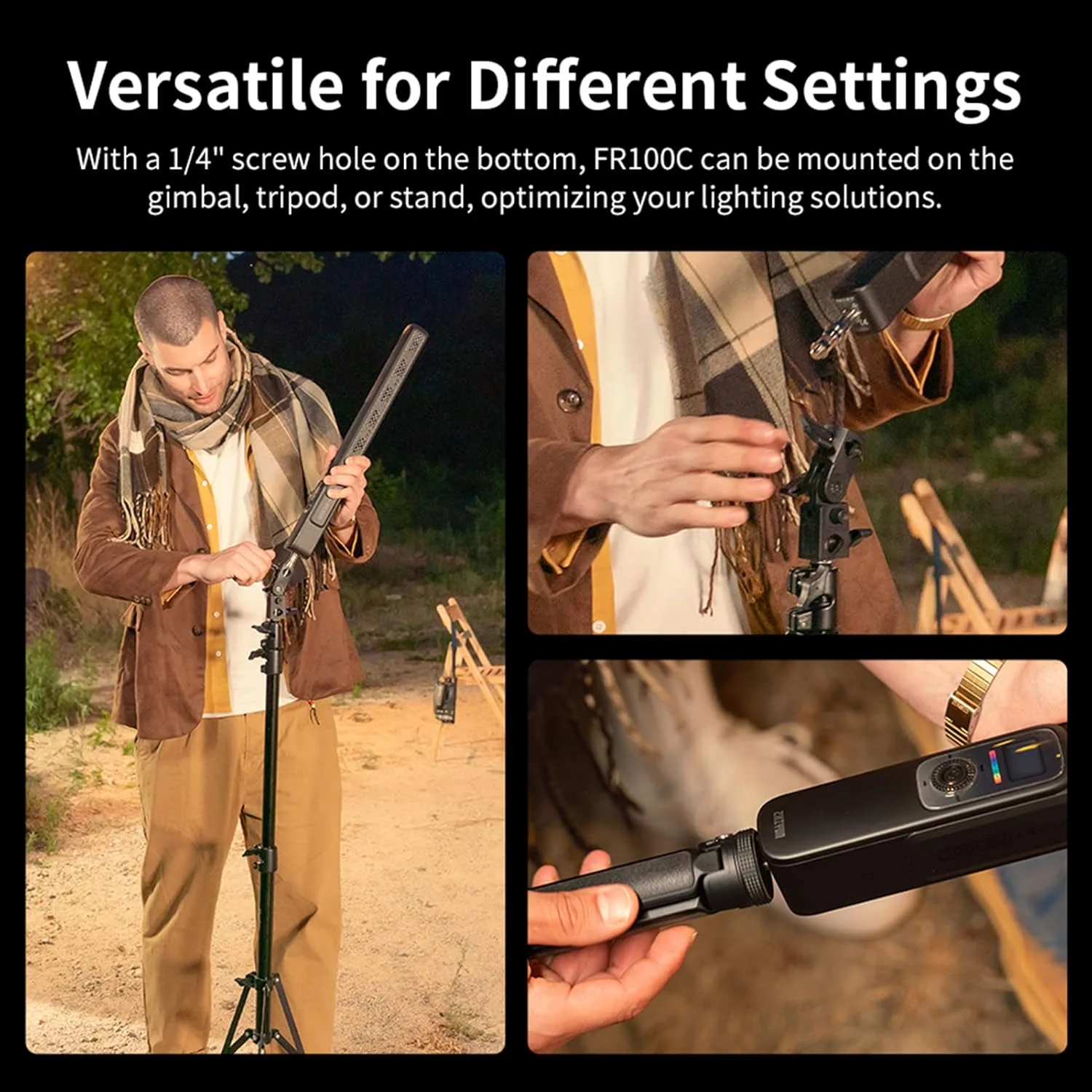 چراغ استیکی RGB دستی Irovami FIVERAY FR100C با توان 100 وات، چراغ ویدئویی LED با دمای رنگ قابل تنظیم 2700K-6200K، شاخص CRI96+ و TLCI97+، باتری داخلی با قابلیت شارژ سریع 25 واتی PD به همراه کابل شارژ USB برای پخش زنده ولاگ