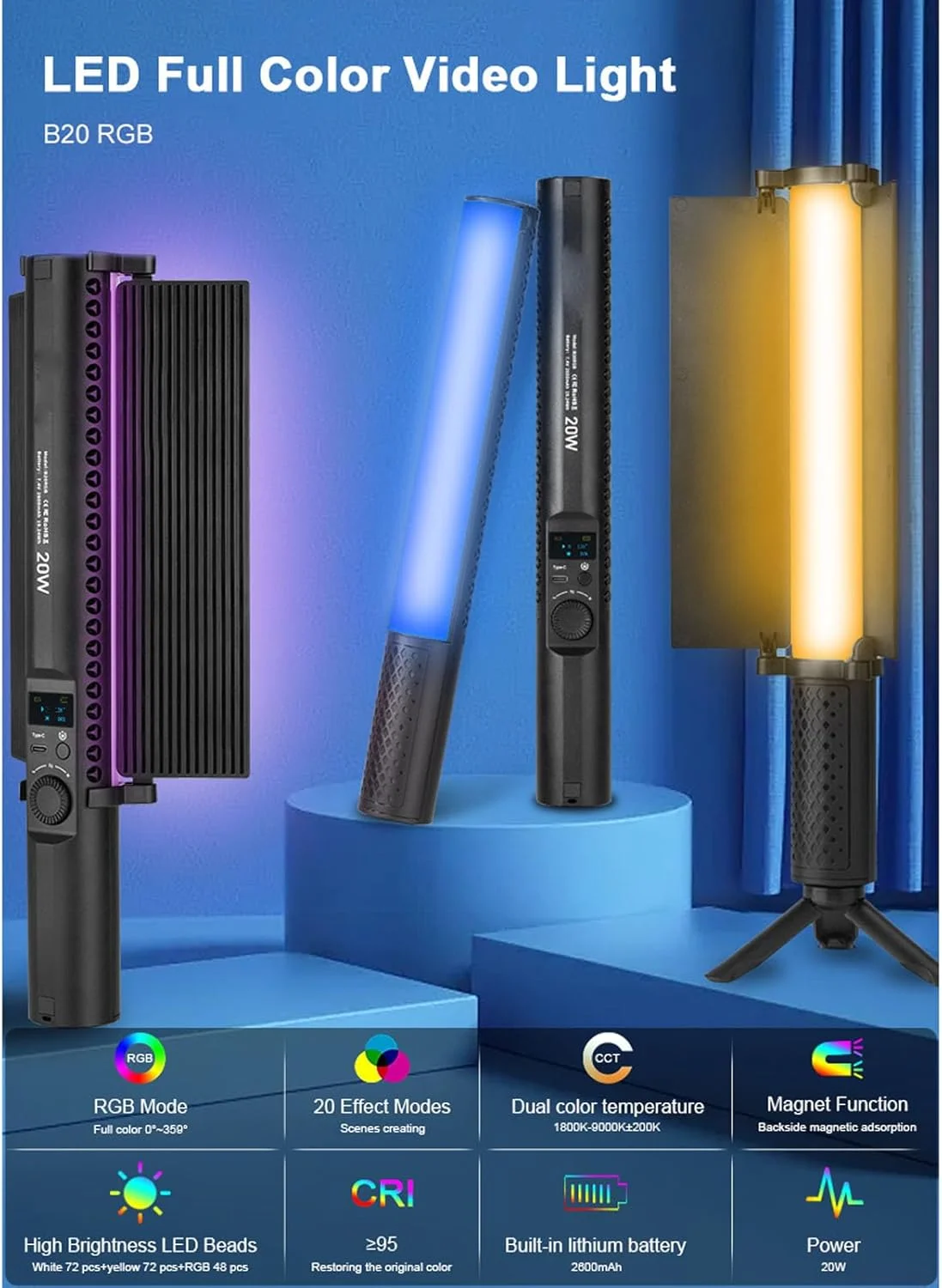 چراغ استیک RGB Luqeeg، 20 وات CRI 95 با قابلیت تنظیم نور 1800-9000 K، چراغ LED عکاسی با سرهای مغناطیسی، پنل کنترل نور، باتری 2600mAh، چراغ های عکاسی قابل حمل برای فضای داخلی و خارجی