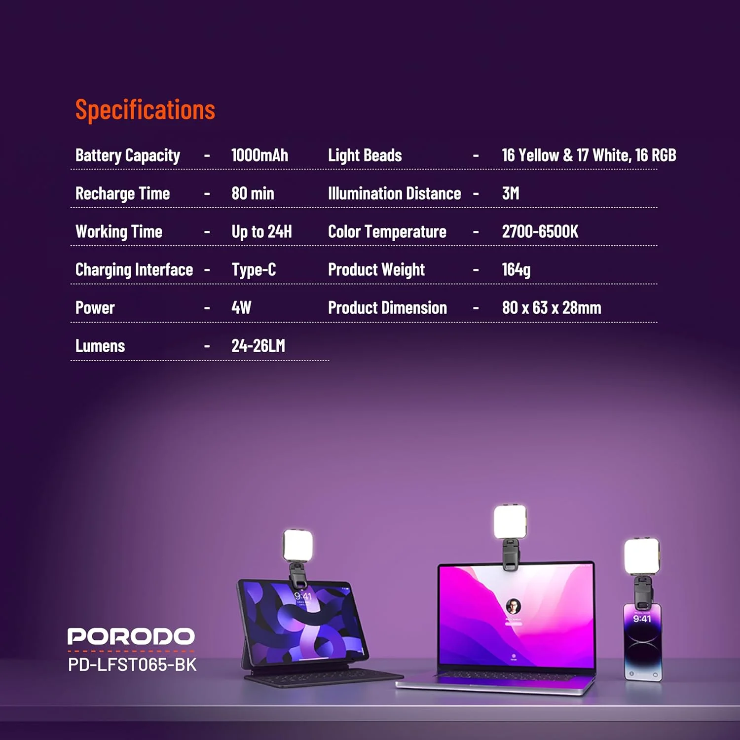 نور پرکننده گیره ای پرودو با 3 دمای رنگ، 24 ساعت زمان کار، چراغ های RGB و سازگاری گسترده، ایده آل برای تلفن ها، لپ تاپ ها و پایه های سه پایه