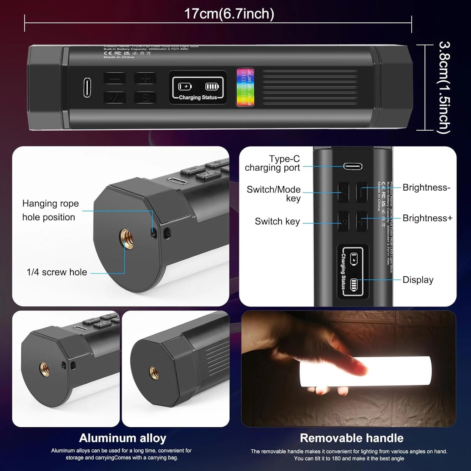 چراغ عصایی مغناطیسی دستی PULUZ، استیک نوری RGB تمام رنگی، چراغ LED با باتری قابل شارژ 2000 میلی آمپر ساعتی، نور لوله ای دوربین با قابلیت تنظیم نور 2500-9000K برای عکاسی استودیویی TikTok YouTube Vlog، 17 سانتی متر