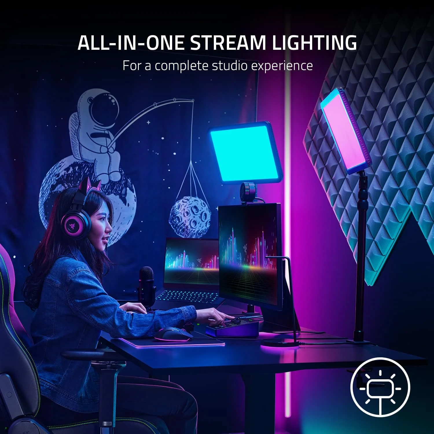 نور استودیویی ریزر Key Light Chroma: طیف نور RGB قابل تنظیم، 2800 لومن، نور حرفه ای برای استریم، ضبط ویدیو/کنفرانس ویدیویی روی کامپیوتر، کنترل از طریق اپلیکیشن موبایل، دارای گیره اتصال، اتصال Wi-Fi و بلوتوث، مشکی نور استودیویی ریزر Key Light Chroma: طیف نور RGB قابل تنظیم، 2800 لومن، نور حرفه ای برای استریم، ضبط ویدیو/کنفرانس ویدیویی روی کامپیوتر، کنترل از طریق اپلیکیشن موبایل، دارای گیره اتصال، اتصال Wi-Fi و بلوتوث، مشکی