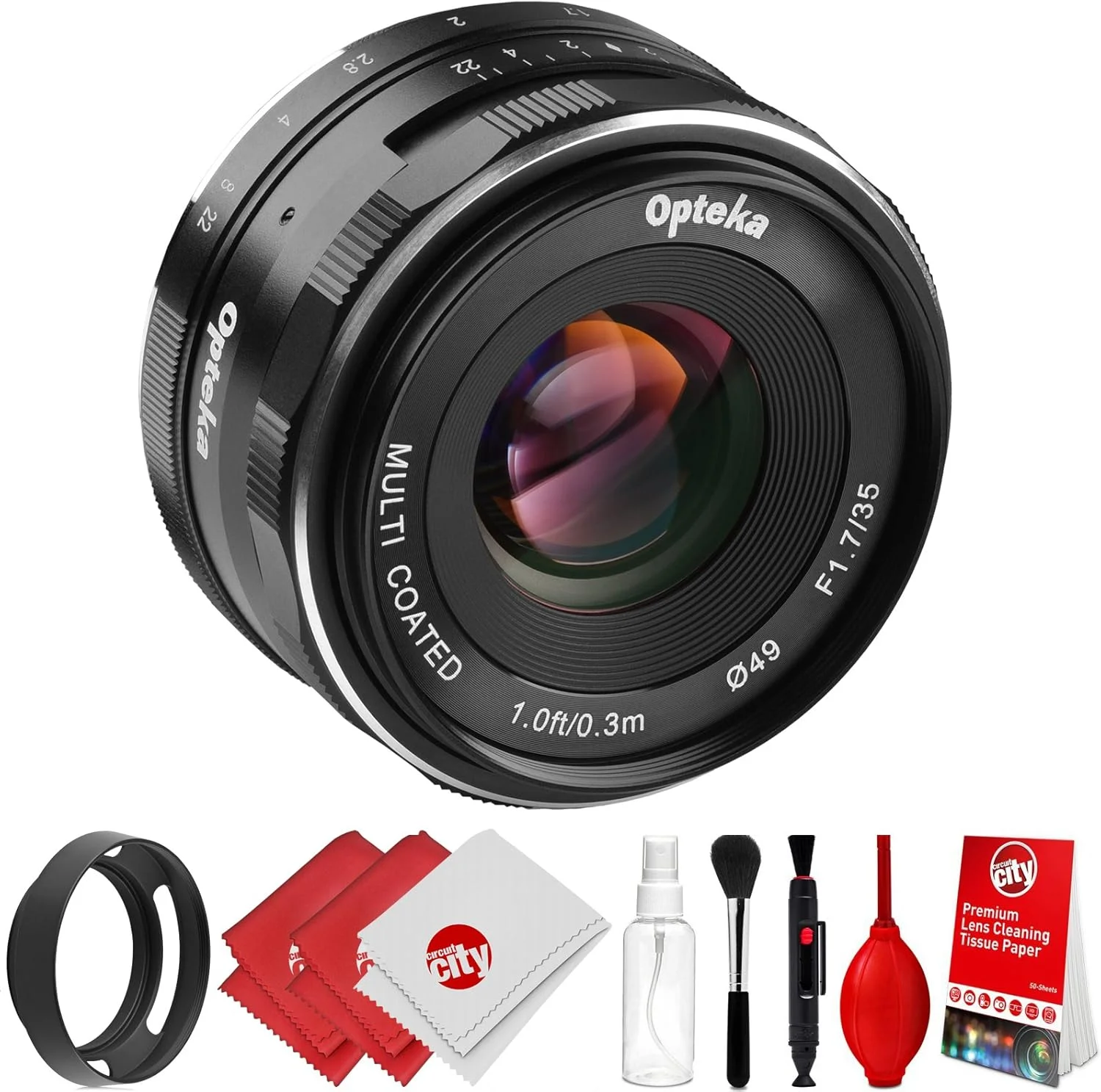 لنز پرایم 35 میلی‌متری Opteka f/1.7 HD MC با فوکوس دستی به همراه هود و کیت تمیزکننده برای دوربین‌های دیجیتال APS-C با مانت Canon EF-M