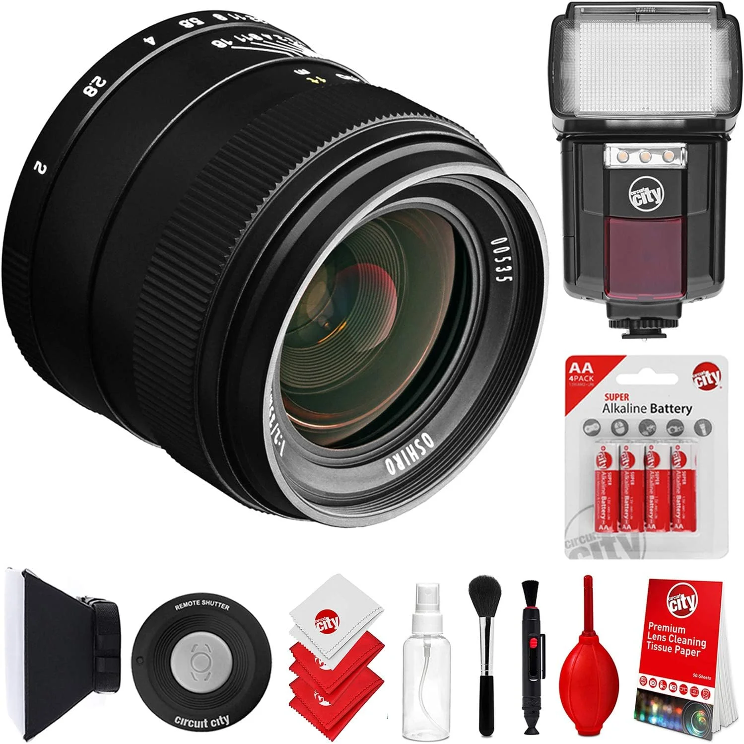 لنز پرایم فول فریم واید انگل 35mm f/2 LD UNC AL اوشیرو برای دوربین های بدون آینه Sony E-Mount FE به همراه فلاش اتوماتیک یونیورسال Circuit City CC-125 با نور ویدئویی LED و لوازم جانبی (5 قطعه)