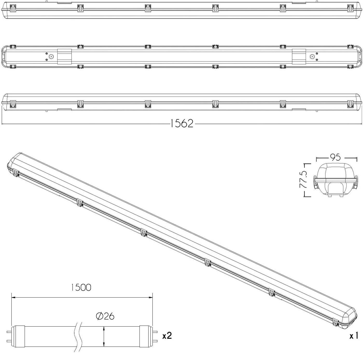 مهتابی فلورسنت T8، طول 152 سانتی متر، دوقلو LED - مقاوم در برابر خوردگی (همراه با لامپ های LED)