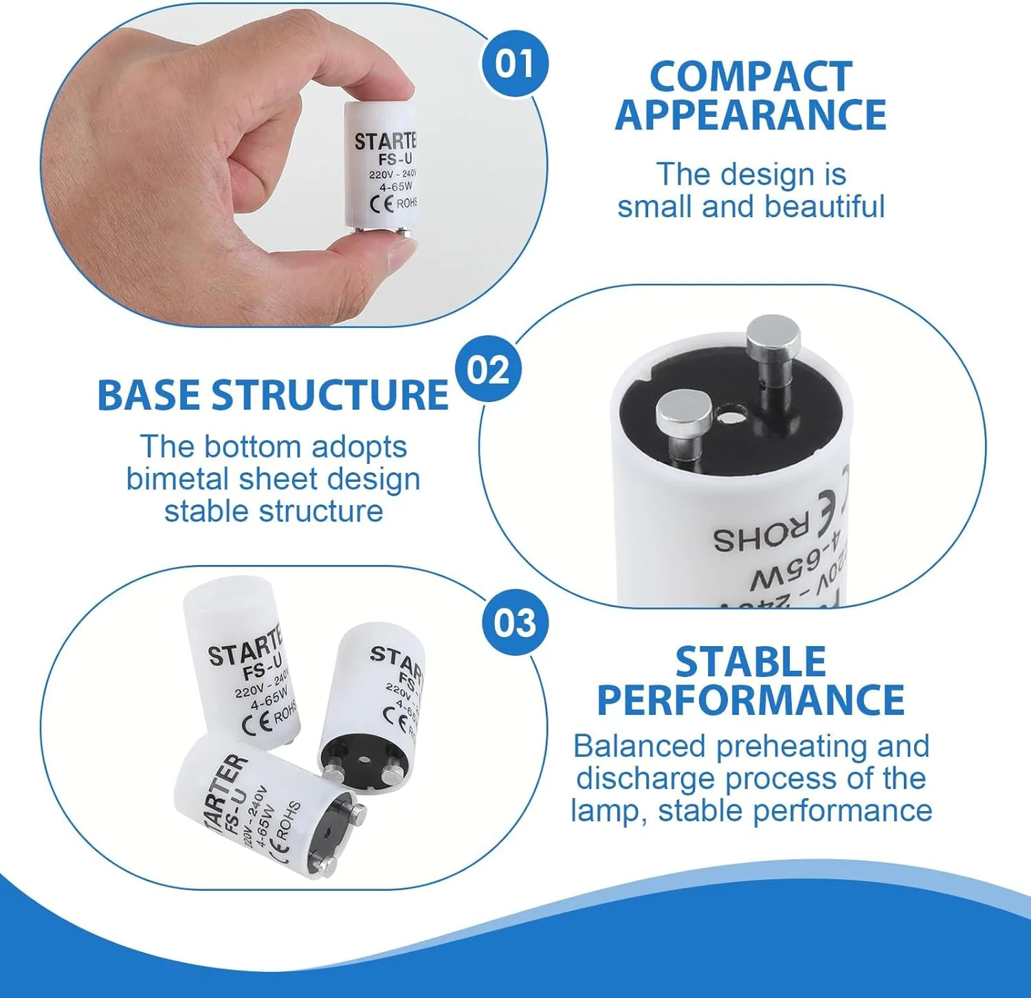 ۶ عدد استارتر لامپ فلورسنت ۴-۶۵ وات ۲۲۰-۲۴۰ ولت، استارتر برای لامپ های فلورسنت، استارتر با عمر طولانی برای لامپ های نئون و لامپ های فلورسنت، جایگزین استارتر