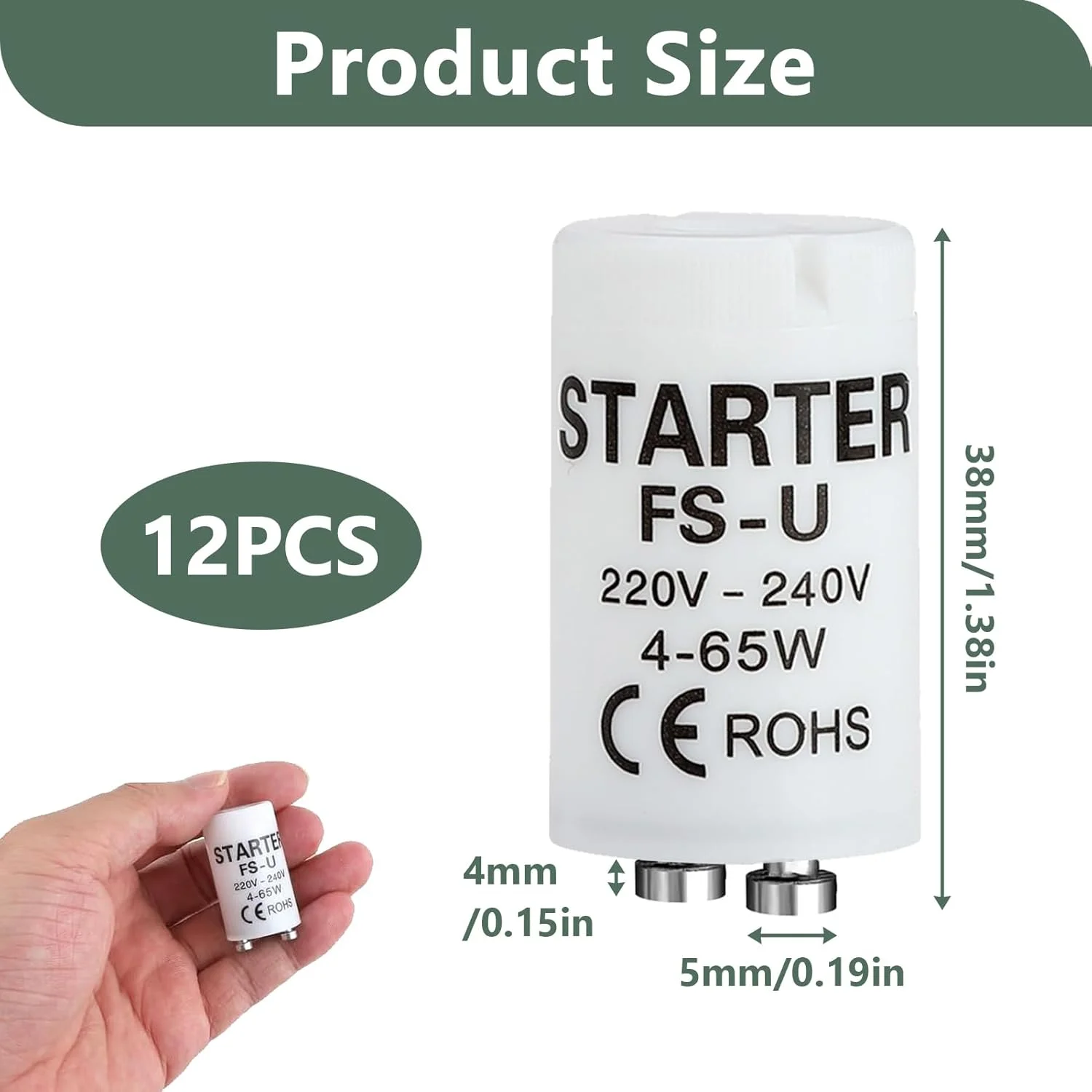 بسته ۱۲ عددی استارتر نئون ۴-۶۵ وات ۲۲۰-۲۴۰ ولت، استارتر لامپ فلورسنت، استارتر برای لوله ها و لامپ های نئون، استارتر جایگزین موثر برای روشنایی مسکونی و تجاری