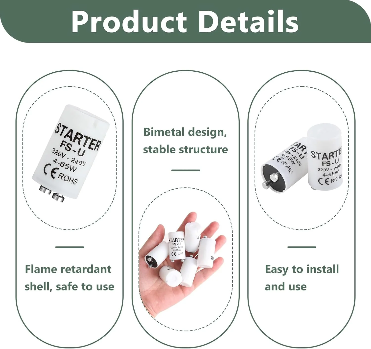 بسته ۱۲ عددی استارتر نئون ۴-۶۵ وات ۲۲۰-۲۴۰ ولت، استارتر لامپ فلورسنت، استارتر برای لوله ها و لامپ های نئون، استارتر جایگزین موثر برای روشنایی مسکونی و تجاری