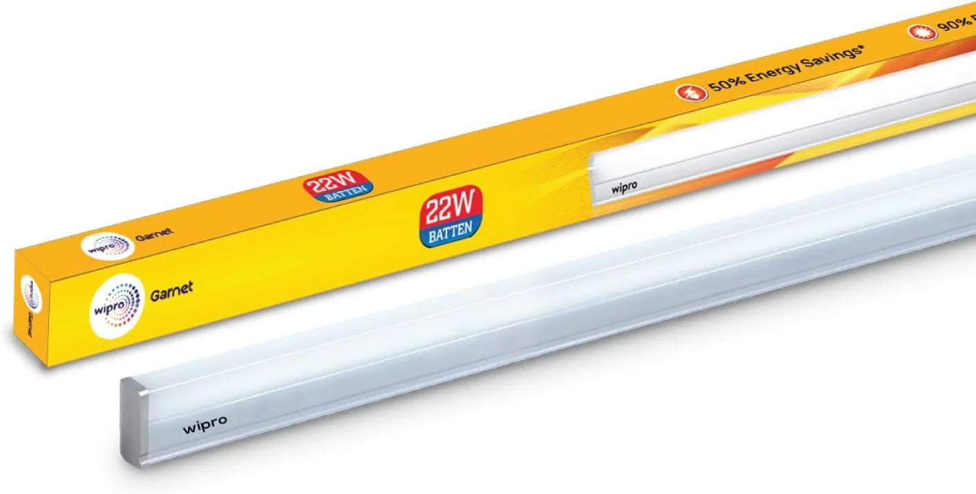 چراغ مهتابی ال ای دی 22 وات Wipro Garnet مناسب اتاق نشیمن و اتاق خواب | چراغ تیوب روشنایی و کم مصرف برای خانه | نور سفید گرم (2700K) با روشنایی 2200 لومن | طول 4 فوت، بسته 1 عددی