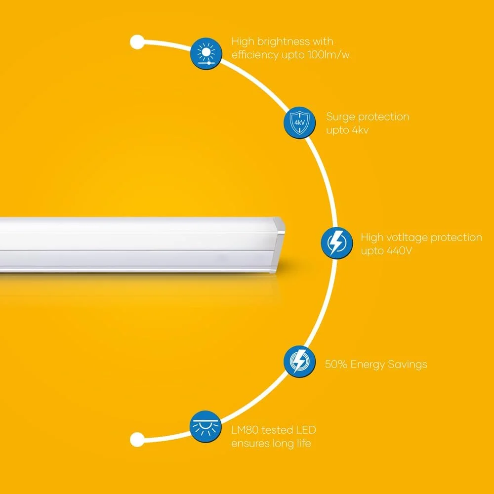 چراغ مهتابی ال ای دی 22 وات Wipro Garnet مناسب اتاق نشیمن و اتاق خواب | چراغ لوله ای روشن و کم مصرف برای خانه | نور روز خنک (6500K) با 2200 لومن | طول 120 سانتی متر، بسته 4 عددی