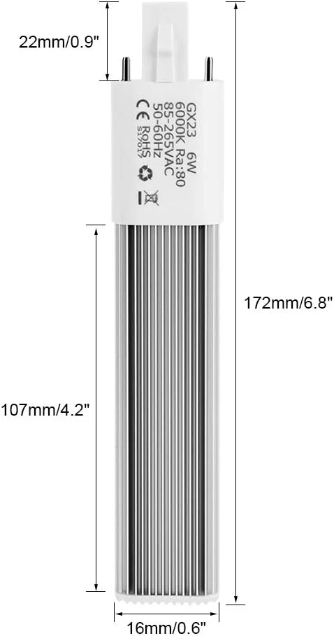 لامپ کم مصرف 6 وات 2 پین، پایه G23/GX23، 6000K، لامپ مهتابی افقی توکار (سفید GX23)