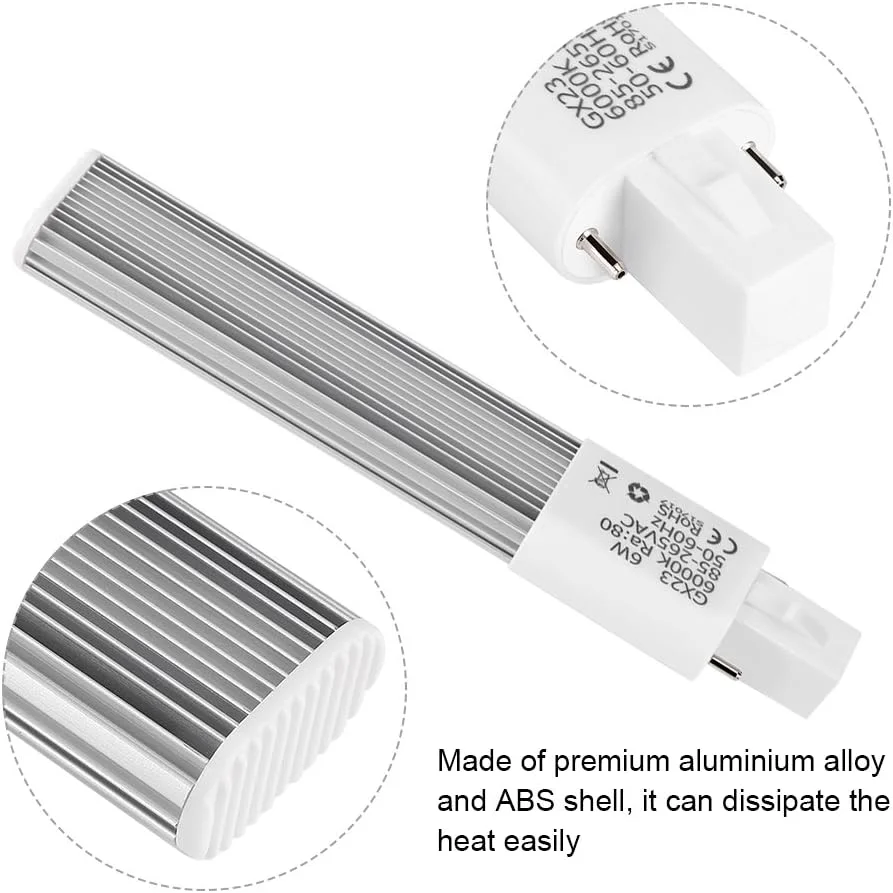 لامپ کم مصرف 6 وات 2 پین، پایه G23/GX23، 6000K، لامپ مهتابی افقی توکار (سفید GX23)