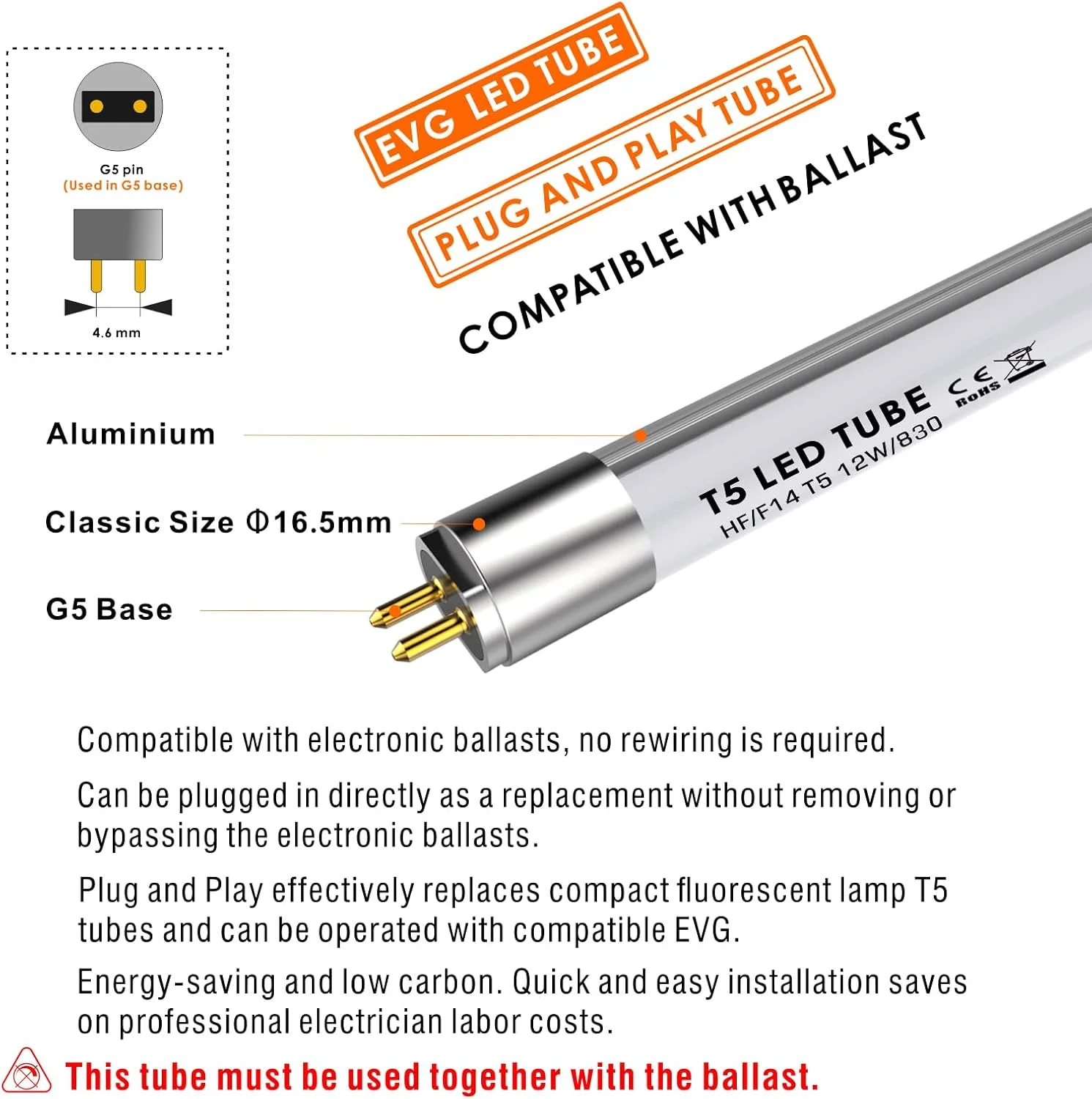 لامپ ال ای دی تیوب T5، 549 میلی متر، جایگزین لامپ های فلورسنت، F14T5، 12 وات، 1550 لومن، 3000 کلوین، 830، سفید گرم، پایه G5، کارکرد با EVG مناسب، 140 درجه، ضد تابش خیره کننده، بسته 1 عددی