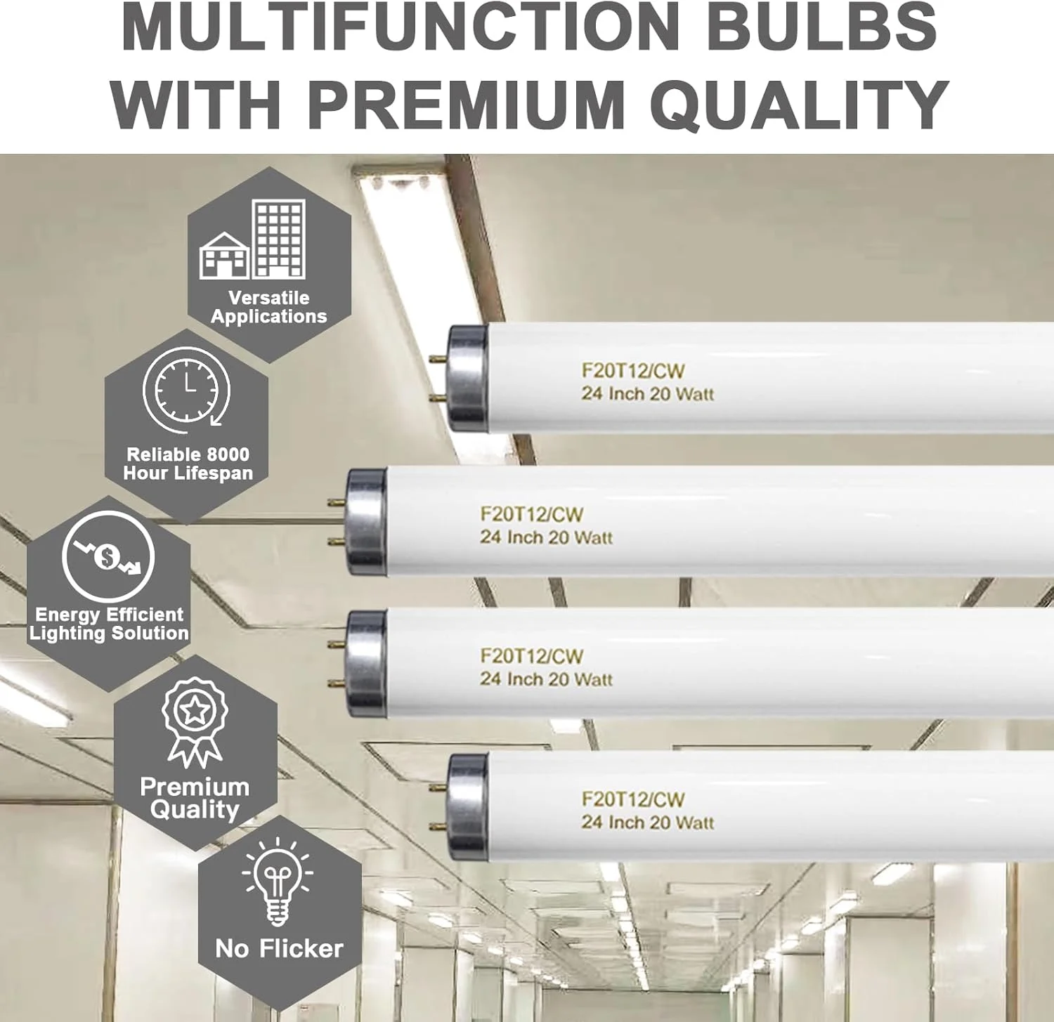 لامپ مهتابی 24 اینچی T12، 20 وات، سفید سرد، F20T12/CW 4100K، جایگزین برای F20T12/CW/ALTO، F20T12/CW/ECO، F20T12/SP41/ECO، پایه G13، 1200 لومن، 4 عدد