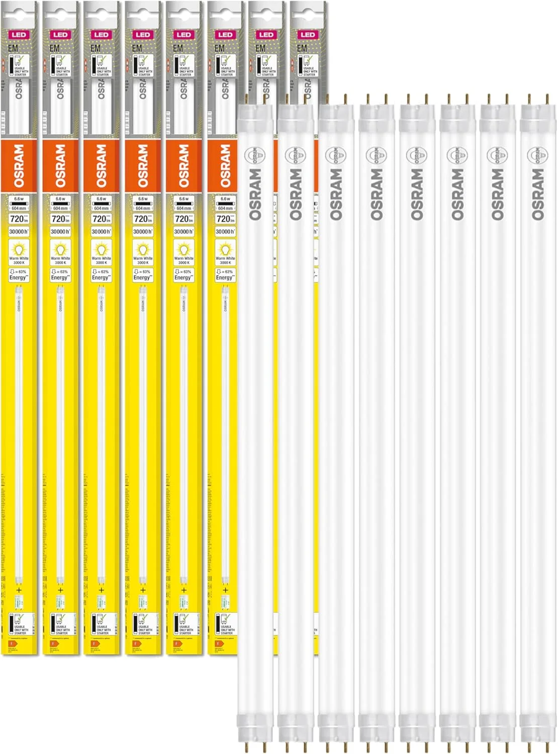 لامپ ال ای دی تیوب T8 18 EM PC 600 میلی متر OSRAM، تیوب ال ای دی خطی، 6.6 وات، 720 لومن، 3000 کلوین، سفید گرم، جایگزین ال ای دی برای لامپ های فلورسنت T8 با سوکت G13، عمر طولانی، مصرف بهینه انرژی