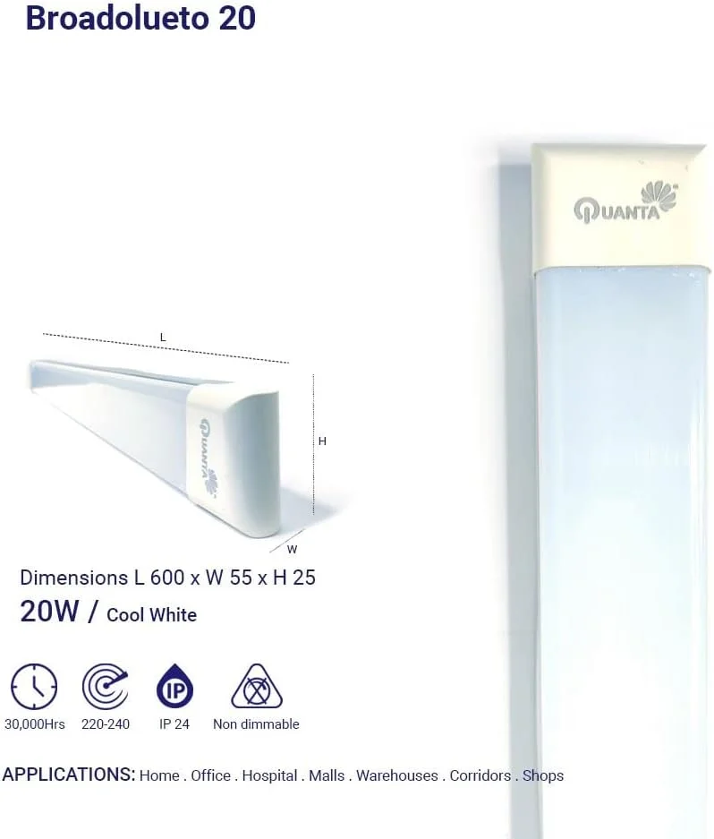 چراغ مهتابی LED کوانتا 20 وات 60 سانتی متری، نور سفید سرد 4000K، مناسب برای روشنایی دیوار و سقف، طول عمر 30000 ساعت
