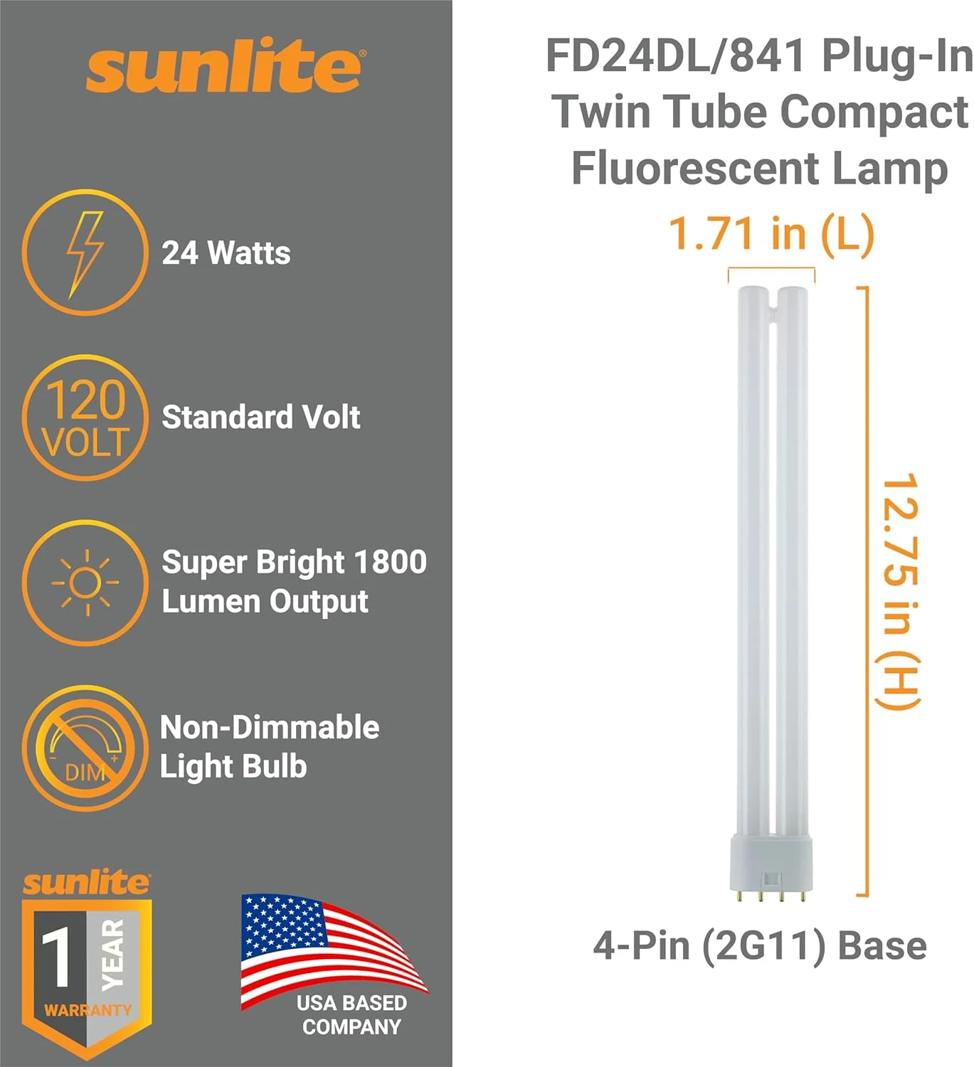 لامپ فلورسنت فشرده سانلایت FT24DL/841، 24 وات، دوقلو، نور سفید سرد 4100K، پایه 2G11