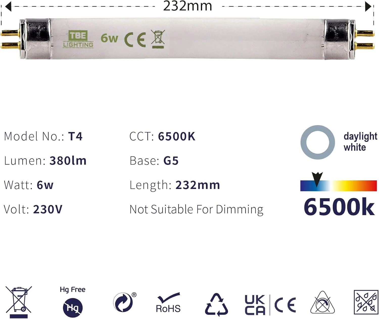 لامپ های فلورسنت T4 6w TBE Lighting 232mm - بسته 4 عددی لامپ CFL - پایه G5 2 پین - لامپ های T4 با راندمان بالا، نور روز سفید 6500K