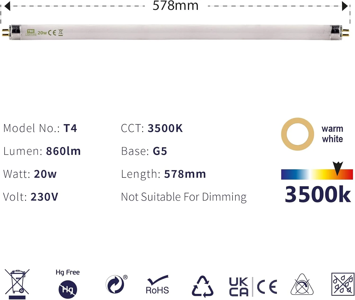 لامپ فلورسنت T4 20 وات TBE LIGHTING، طول 578 میلیمتر - بسته 4 عددی لامپ CFL - پایه G5 2 پین - لامپهای T4 با بازدهی بالا، سفید ملایم 3500K لامپ فلورسنت T4 20 وات TBE LIGHTING، طول 578 میلیمتر - بسته 4 عددی لامپ CFL - پایه G5 2 پین - لامپهای T4 با بازدهی بالا، سفید ملایم 3500K