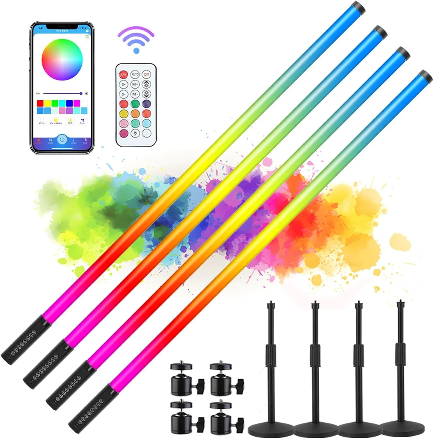 ست چهارتایی چراغ نئون RGB هوشمند با قابلیت کنترل از طریق اپلیکیشن، طول 120 سانتی متر، دارای پایه، باتری قابل شارژ 4800 میلی آمپر، چراغ LED جادویی با رنگ کامل و دمای رنگ 2700-6500 کلوین، مناسب برای فیلمبرداری، عروسی، رقص، استیج دی جی و مهمانی