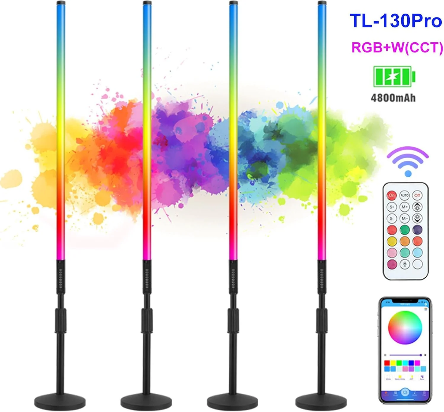 ست چهارتایی چراغ نئون RGB هوشمند با قابلیت کنترل از طریق اپلیکیشن، طول 120 سانتی متر، دارای پایه، باتری قابل شارژ 4800 میلی آمپر، چراغ LED جادویی با رنگ کامل و دمای رنگ 2700-6500 کلوین، مناسب برای فیلمبرداری، عروسی، رقص، استیج دی جی و مهمانی