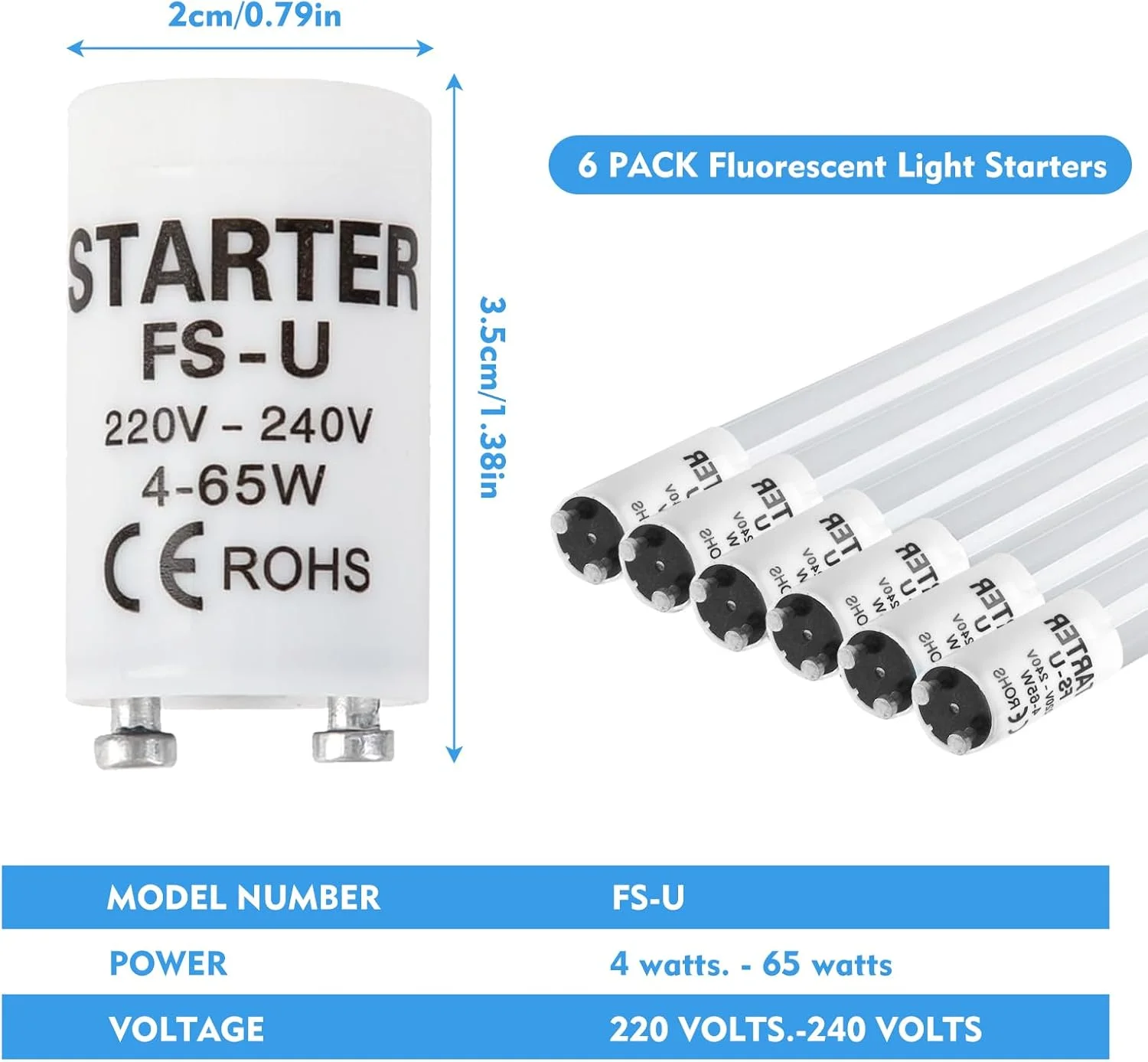 بسته 6 عددی استارتر لامپ فلورسنت، استارتر 4-65 وات برای لامپ های مهتابی، اتصالات چراغ ایمنی 220-240 ولت بسته 6 عددی استارتر لامپ فلورسنت، استارتر 4-65 وات برای لامپ های مهتابی، اتصالات چراغ ایمنی 220-240 ولت