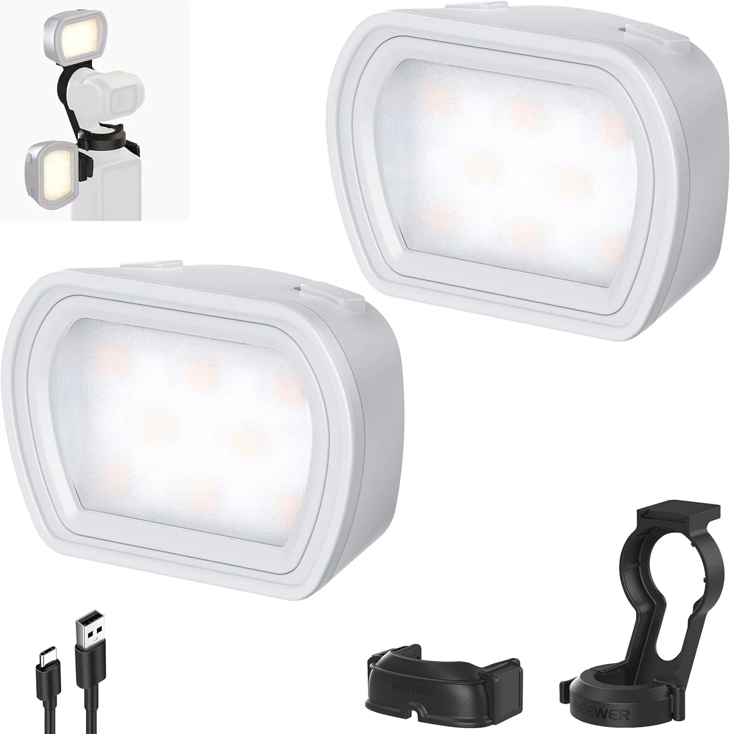 چراغ کمکی مغناطیسی NEEWER Basics (دو عددی) سازگار با دوربین گیمبال DJI OSMO Pocket 3، چراغ LED کوچک قابل شارژ USB C برای سلفی، ولاگ و ضبط ویدیو، مدل M21