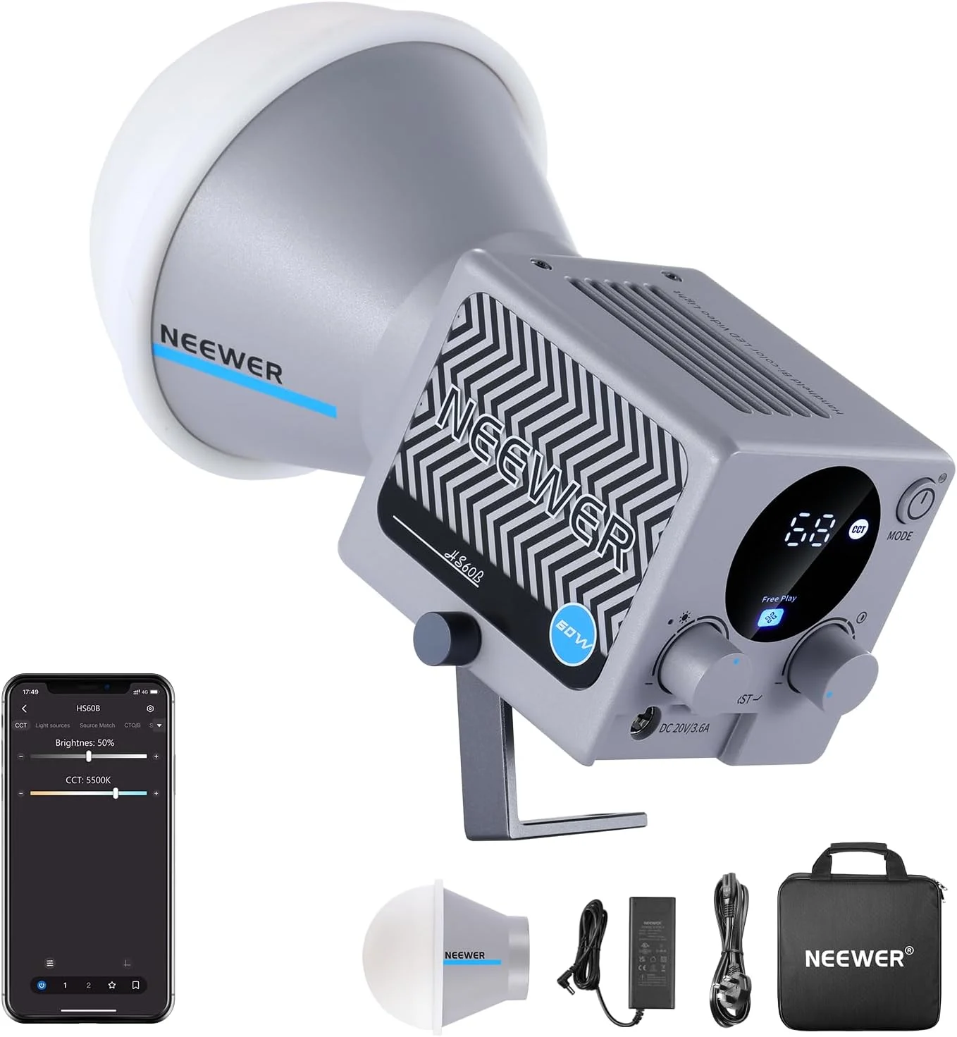 نور ویدئویی مینی NEEWER HS60B با کنترل از طریق اپلیکیشن، نورپردازی خروجی مداوم LED دو رنگ COB قابل حمل 60 واتی با 35000 لوکس/1 متر 2700-6500K 0-100% PWM Dimming CRI/TLCI 97+ 12 صحنه USB Type C