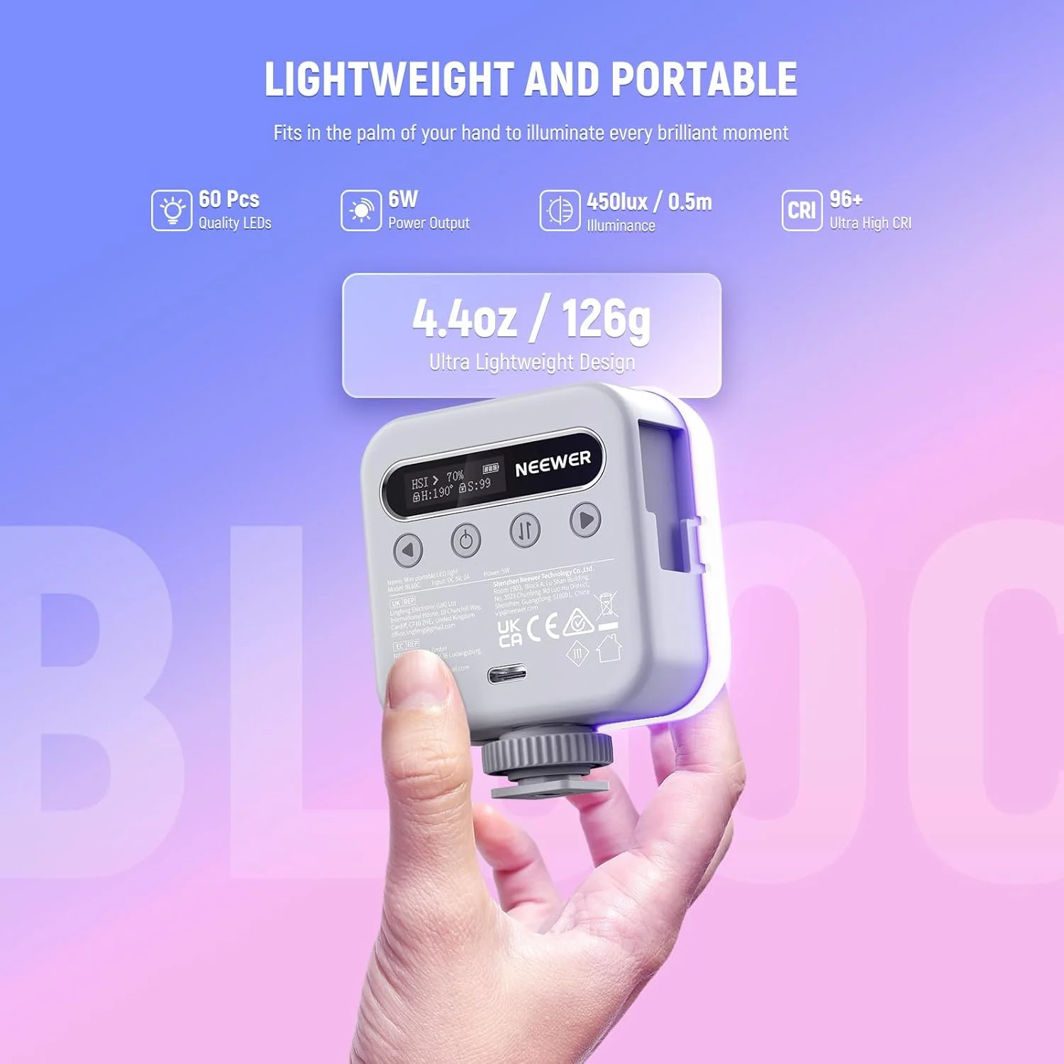 نور ویدئویی مغناطیسی RGB نیوئر، نور کوچک LED دوربین تمام رنگی 360 درجه با CRI96+ 2500-9000K، دارای 18 جلوه ویژه، 3 کفشک سرد و رزوه ¼ اینچی، قابل شارژ 2000mAh، قابل حمل برای سلفی/نورپردازی عکس با سه پایه مدل BL60C