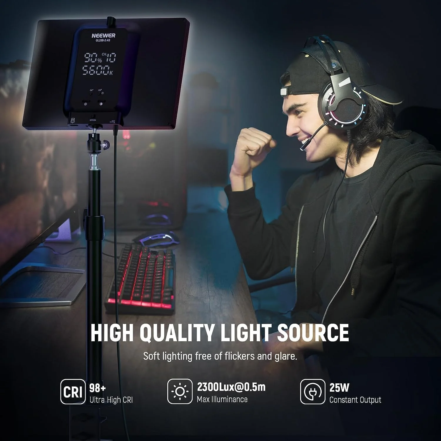 نور کلیدی استریمینگ NEEWER GL25B 12.9 اینچی، کنترل از راه دور 2.4G RT100 و کنترل برنامه PC/Mac، 25 وات 2300 لوکس/0.5 متر 2900K–7000K CRI98+ نور ویدئویی وب کم لبه ای کم نور با پایه رومیزی و فرستنده USB نور کلیدی استریمینگ NEEWER GL25B 12.9 اینچی، کنترل از راه دور 2.4G RT100 و کنترل برنامه PC/Mac، 25 وات 2300 لوکس/0.5 متر 2900K–7000K CRI98+ نور ویدئویی وب کم لبه ای کم نور با پایه رومیزی و فرستنده USB