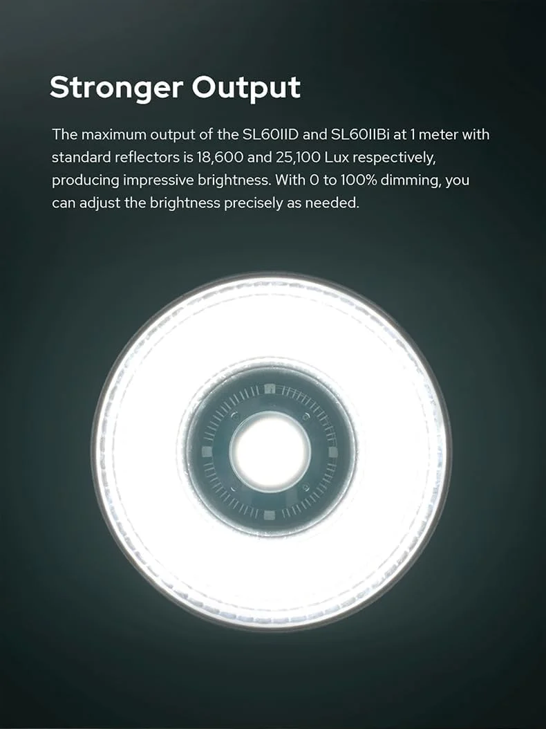 نور ویدئویی ال ای دی کامپکت گودکس SL60IID با مانت بوئنز 70 وات 18600 لوکس در 1 متر 2.4 گیگاهرتز بی سیم/بلوتوث 5600 کلوین ±200 کلوین CRI:96+ TLCI:97+ 8 جلوه ویژه FX دیمینگ 0-100% کنترل از طریق اپلیکیشن برای ضبط ویدیو، فیلمبرداری یوتیوب