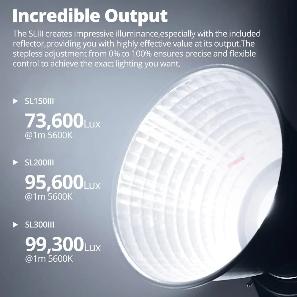 نور ویدئویی ال ای دی گودکس SL300III، 330 وات 5600 کلوین با مانت بوئنز، نور متعادل روز، 99300 لوکس در 1 متر، CRI 96+ TLCI 97+، 8 جلوه نوری FX، حالت فوق العاده بی صدا، یوک با دستگیره سفت کننده، پشتیبانی از کنترل برنامه