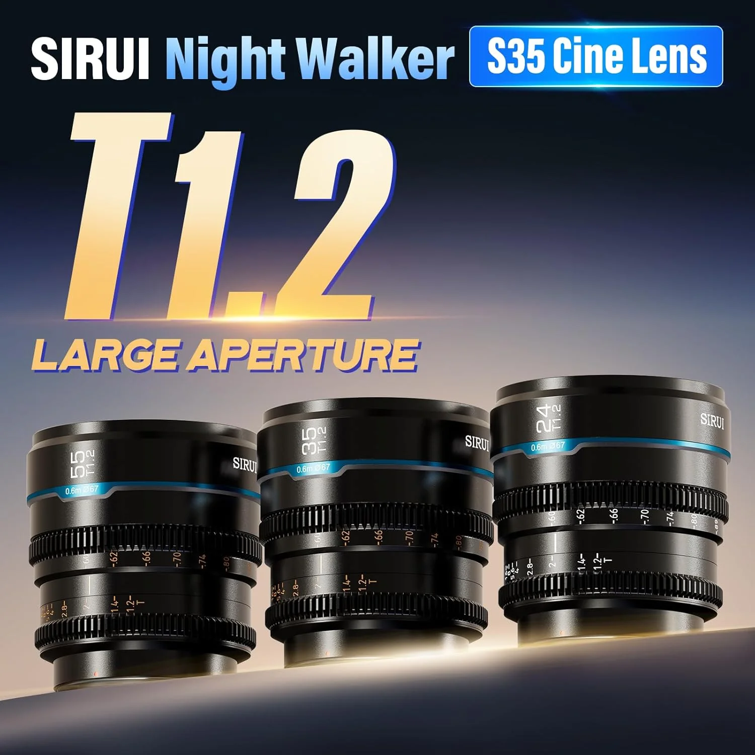 ست لنز سینمایی SIRUI Night Walker با فوکوس دستی، 24 میلی‌متر، 35 میلی‌متر، 55 میلی‌متر، لنز T1.2 با دیافراگم بزرگ و لنز پرایم S35 فریم برای مانت X برای X-H2/H2S، XT-4، XT-3، X-S10 (MS-3SXB، مشکی)