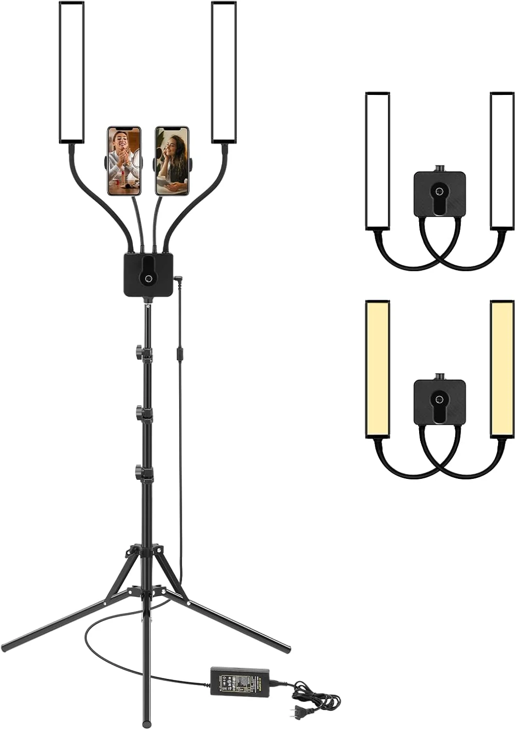 نور ویدئویی ال ای دی ULANZI، نور ویدئویی ال ای دی 45 واتی با دو بازوی قابل تنظیم، 3200-5600K به همراه 2 نگهدارنده تلفن، پایه سه پایه قابل تنظیم، مناسب برای آرایش، مانیکور، تاتو، پخش زنده