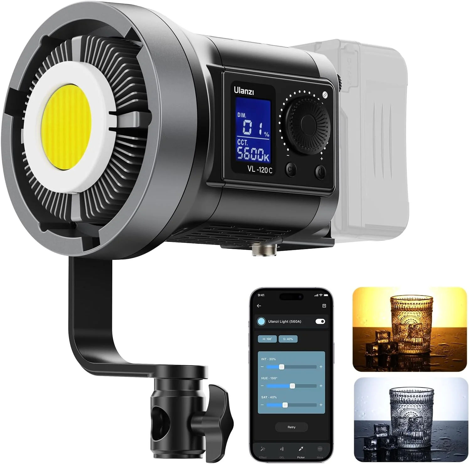 نور ویدئویی ال ای دی 120 واتی ULANZI با پایه V-Mount، دو رنگ 2700K-6500K با پایه Bowens، نور پرکننده عکاسی، نورپردازی خروجی مداوم 20700lux/1m، 20 جلوه از پیش تعیین شده با کنترل برنامه، نور استودیویی