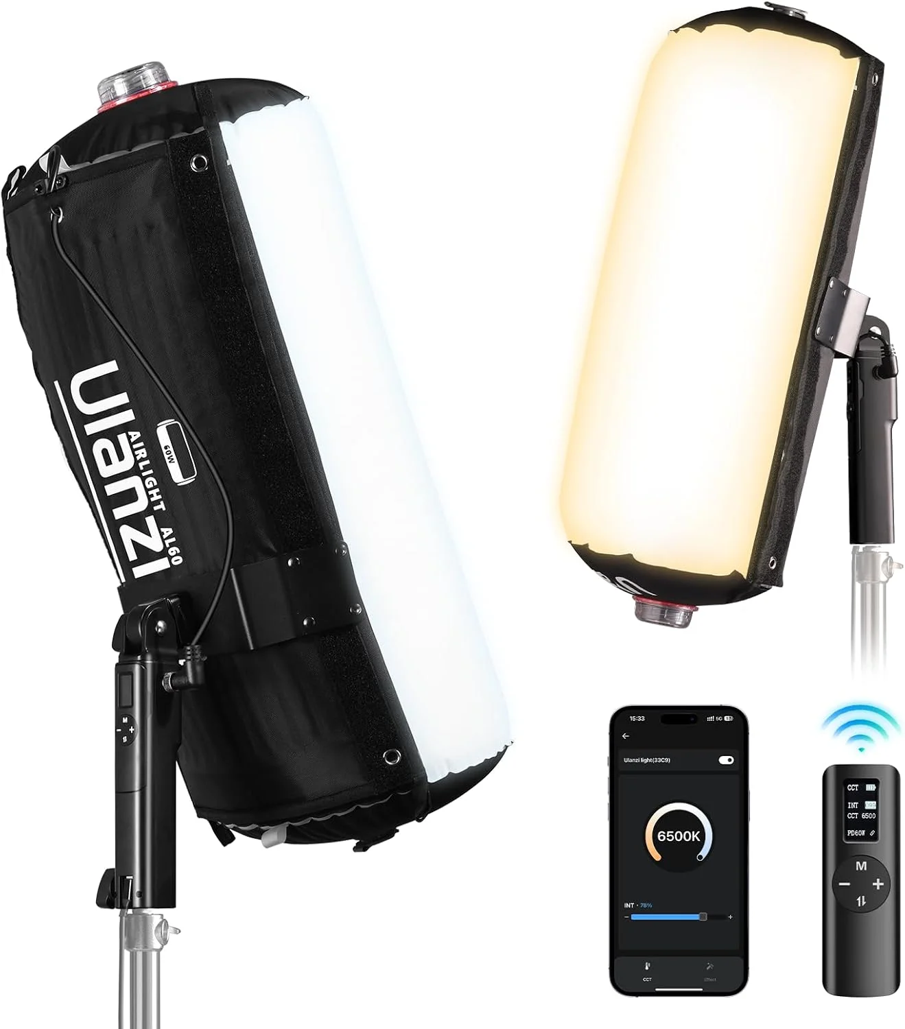 چراغ تیوب بادی قابل حمل ULANZI AL60، 68 وات، دو رنگ 2700-6500K، چراغ ویدئویی LED دستی، قابل شارژ Type-C، تیوب LED بادی ضد آب برای عکاسی/کمپینگ