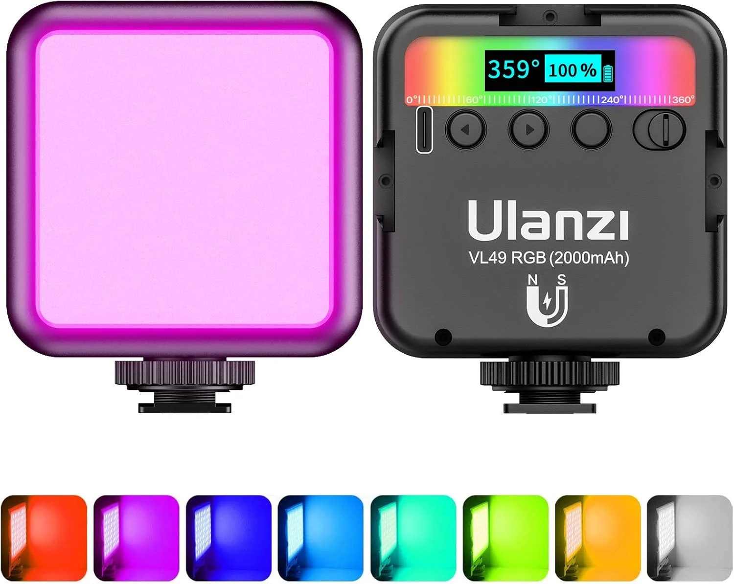 نور ویدئویی RGB مدل ULANZI VL49، چراغ LED دوربین با نورپردازی قابل حمل 360 درجه تمام رنگی با 3 کفشک سرد، باتری قابل شارژ 2000mAh CRI 95+ 2500-9000K پنل دیمر پذیر با قابلیت اتصال مغناطیسی