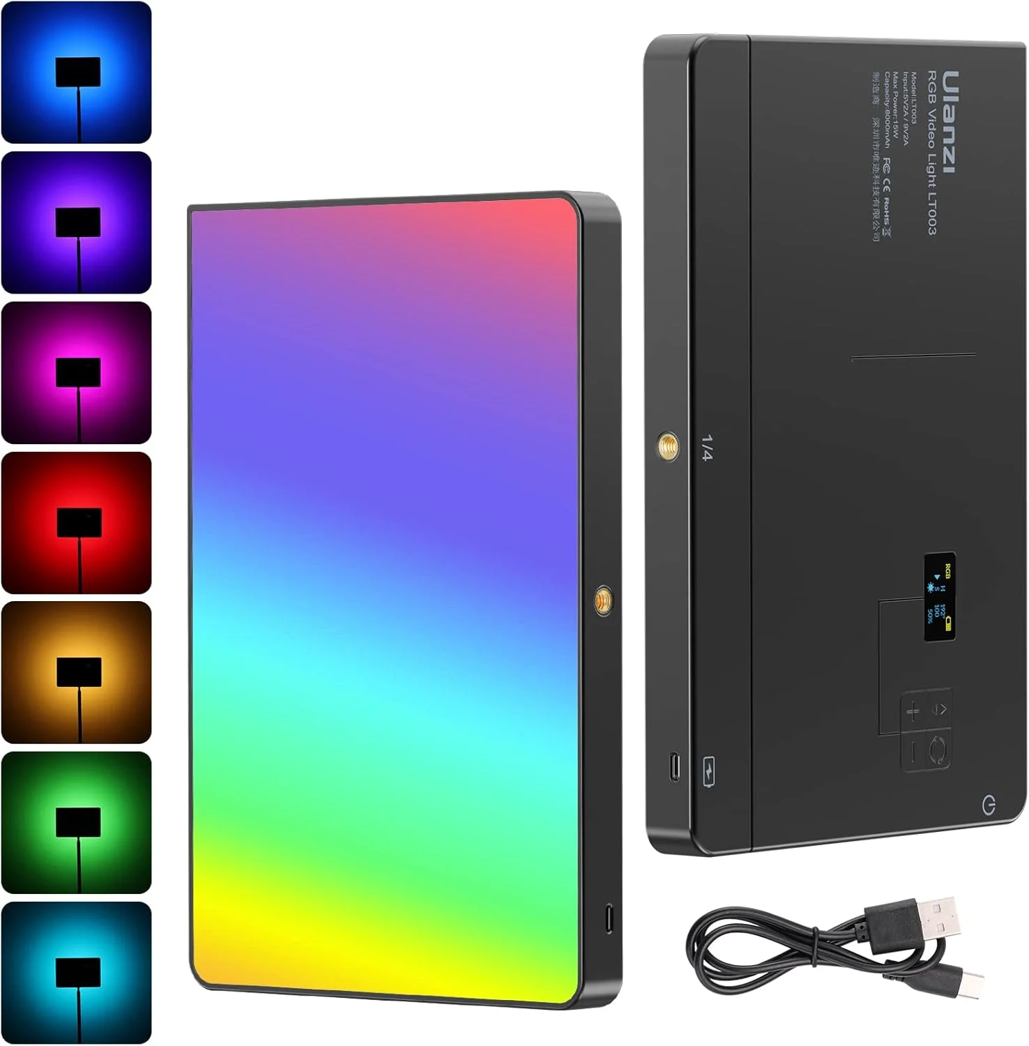 نور ویدئویی RGB مدل ULANZI LT003، پنل LED قابل حمل 15 واتی با 2100 لومن، نور ویدئویی 10 اینچی با قابلیت تنظیم نور 2500K-9000K، باتری داخلی 8000mAh و شارژر USB، CRI>95 برای عکاسی و فیلمبرداری با دوربین DSLR