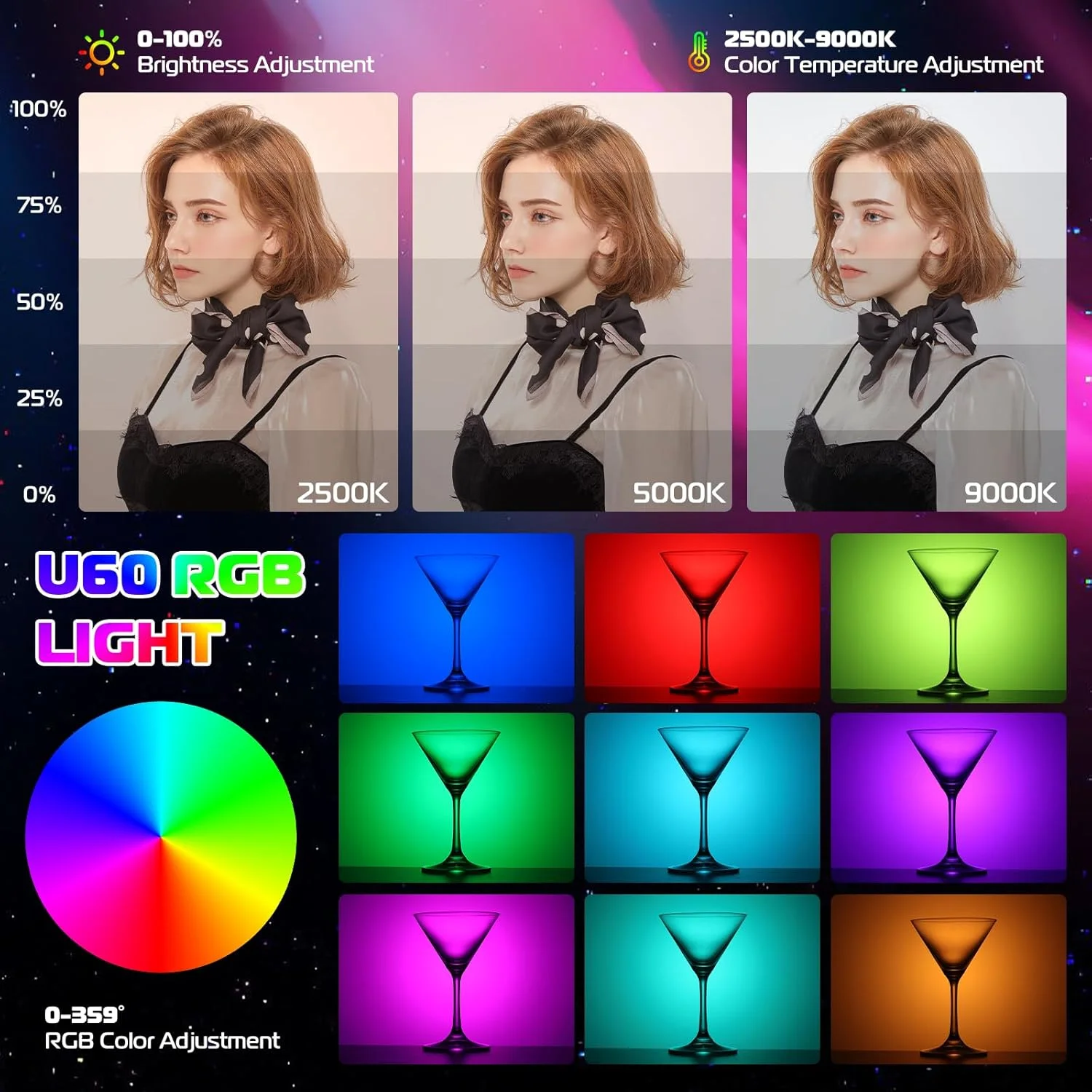 نور ویدئویی RGB مدل ULANZI U60، چراغ LED مشکی برای دوربین، نورپردازی عکاسی قابل حمل تمام رنگی 360 درجه با آداپتور کفشک سرد و گیره اتصال سریع، باتری قابل شارژ 2500mAh، CRI 95+، لامپ پنلی با قابلیت تنظیم نور 2500-9000K نور ویدئویی RGB مدل ULANZI U60، چراغ LED مشکی برای دوربین، نورپردازی عکاسی قابل حمل تمام رنگی 360 درجه با آداپتور کفشک سرد و گیره اتصال سریع، باتری قابل شارژ 2500mAh، CRI 95+، لامپ پنلی با قابلیت تنظیم نور 2500-9000K